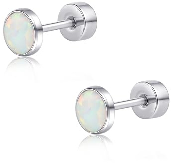 limerencia 20G Titan Ohrringe mit Flachem Rücken für Empfindliche Ohren, G23 Hypoallergenes Titan mit Simuliertem Opal, Ohrstecker mit Schraubverschluss für Knorpel Helix Tragus