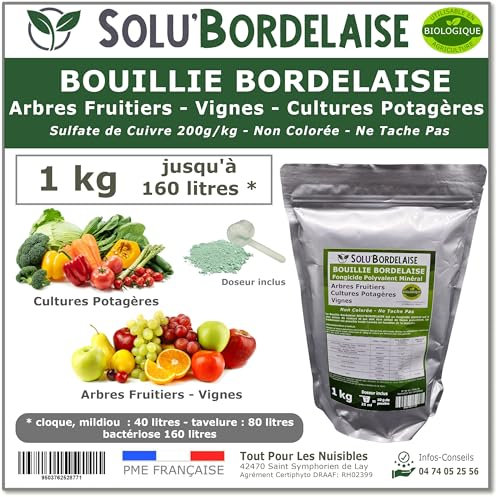 Solu'Bordelaise - 1 kg - Bouillie Bordelaise Non Colorée - Fongicide Polyvalent Sulfate de Cuivre - Protection Arbres Fruitiers, Cultures Potagères, Vignes - Utilisable en Agriculture Biologique