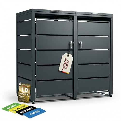 ALBATROS Mülltonnenbox 2er | Metall RAL7016, 120-240L, abschließbar | Mülltonnenverkleidung, verzinktes Metall Anthrazit, wetterfest, ISO9227 geprüft, für 2 Mülltonnen, inkl. Aufkleber-Set