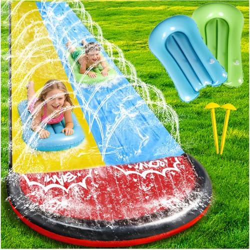 480 cm Lange Wasserrutsche Garten für Kinder, inklusive 2 Bodyboards Outdoor Spiele Rasen-Wasserrutsche mit Sprinkler Sommer Wasserrutsches für Garten geeignet für Kinder und Erwachsene