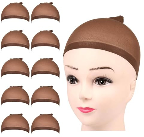 Henyall 10pcs Wig Caps,Ultra-thin Breathable Stretchy Nylon Stocking,Wig Cap with Elastics Bands,Hair Net to Hold Wig in Place,Breathable Wíg Net Cáp for Women and Men (Dark Brown)