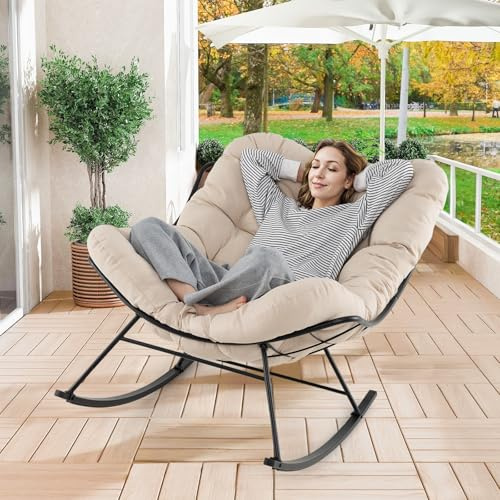 GIANTEX Överdimensionerad gungstol, äggformad modern gungstol med tjock kudde, belastning 205 kg, metallram, för vardagsrum, balkong, trädgård, terrass, beige