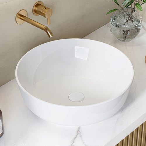 HOROW Lavabo da Appoggio Bagno Rotondo, Lavandino Bagno Bianco - Design Ultra Sottile da 8mm, Ceramica a 1280°C, Facile Pulizia, Ø41cm - Installazione Soprapiano