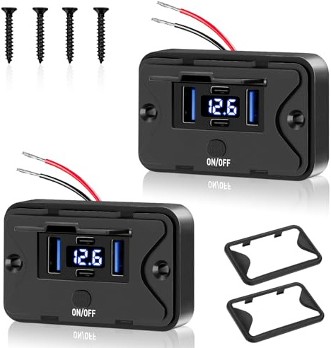 Daakro 2PCS 4-Port Upgraded 12V USB Steckdose,mit LED Anzeige 12V wasserdichte Buchse (Wandmontage), duale QC3.0 USB-Ports und duale PD3.0 Typ-C Panels mit Druckknopfschalter, geeignet für Boote