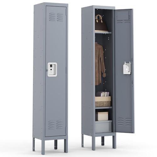 BIZOEIRON Metall Spind Schrank, Metallschrank Abschließbar, Mitarbeiter Schließfachschrank für Turnhalle, Schule, Büro, HxBxT 168 x 30.5 x 30.5 cm (Schmal - 1 Abteile, Grau)