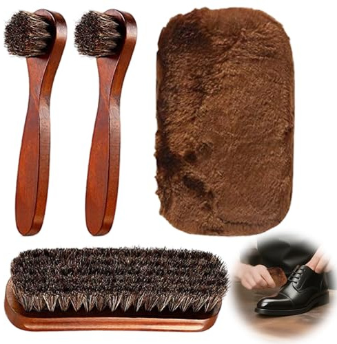 4 Shoe Brush Professional Kit, Shoe Polish Brushes for Complete Footwear Care, Horse Hair Brush Set with Wooden Handle, Includes Glove Cloth for Convenient Use, Ideal for Boots, Car Seats, Bags, Sofas