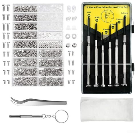 Juego de 1000 tornillos para reparación de lentes con pinzas de destornillador multifunción y paño de limpieza en estuche portátil para gafas, gafas de sol, relojes y electrónica