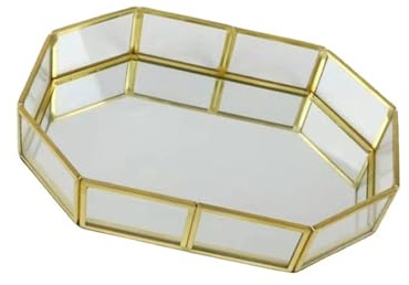 Elegant Gold Jewelry Tray with Clear Glass Surfaces Cosmetic Organiser for Bedroom Vanity Bathroom Countertop Decoration Contemporary Glass Vanity Accessories
