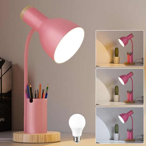 himmel Schreibtischlampe Kinder, Schreibtischlampe Rosa mit Stiftehalter Schreibtischlampe Mädchen Jungen Holz-Akzent, Verstellbar, kinder Tischlampe für Homeoffice, Nachttisch und Studentenzimmer