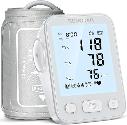 runstar blodtrycksmätare arm med brett spektrum armband (22 cm-42 cm) för hemmabruk, automatisk digital blodtrycksmätare med förvaringsväska och minne 2 x 99 läsningar, grå