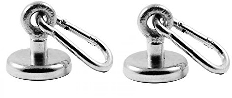 Magnetastico® | 2 Stück Neodym N35 Ösenmagnete mit Karabiner 36 mm Ø | Haltekraft 41 Kilogramm | Extra starke Neodymium Karabinerhaken-Topfmagnete mit Öse bzw. Ringschraube verzinkt