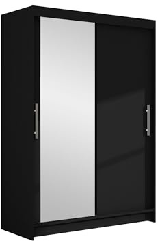 Mirjan24 Kleiderschrank Miami VI mit Spiegel, Modernes Schiebetürenschrank, Schlafzimmerschrank, Garderobenschrank für Schlafzimmer (Schwarz)