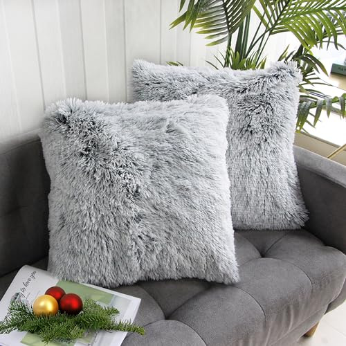 Uhomy 2 Packs Home Decorative Luxury Series Super Soft Faux Fur Throw Pillow Cover Cushion Case for Sofa or Bed Gray Ombre Fluffy Double Side, 18x18 Inch 45x45 Cm