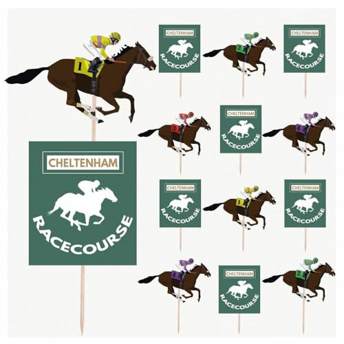AK Giftshop Horse Racing - Cheltenham Racecourse Themed - Event - Birthday - Party Food - Cake Cupcakes - Picks Sticks - Decorations Toppers - Stand Up Food Flags (Pack of 14)