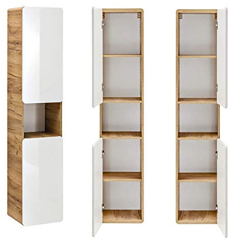 Lomadox Badmöbel Hochschrank, Wotan Eiche Nb. mit Hochglanz weiß, 2 Türen, 1 Regalfach, B/H/T ca. 35/170/32 cm