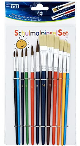 TSI Set de pinceaux de Peinture, Lot de 12, Tailles: (Ronds) 1,2,4,6,8,10 et (Plats) 4,6,8,10,12,14, Tige laquée, N° d'art. 49111