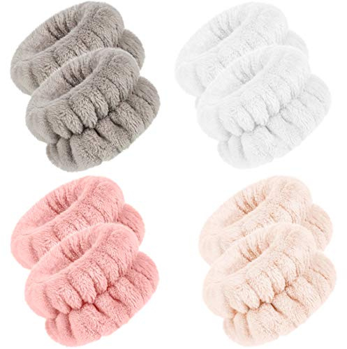 4 Pares Muñequeras de SPA Absorbentes Muñequeras de Lavar Cara Banda de Lavado de Muñeca Pulsera de Microfibra Coletero de Toalla para Mujer Evitar Líquido se Derrame (Marrón, Blanco, Estilo Clásico)