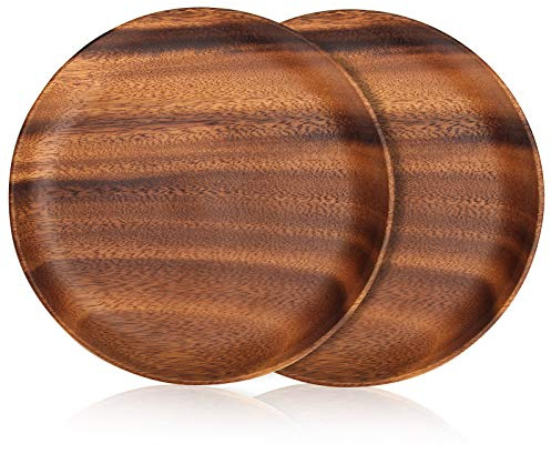 2 Pcs 10 Inch Acacia Wood Dinner Plates Set for Eating Wooden Round Charcuterie Boards Kitchen Serving Platters for Food Dishes Cheese Tray Dessert Salad Plate Wood Charger Plates Decorative Trays