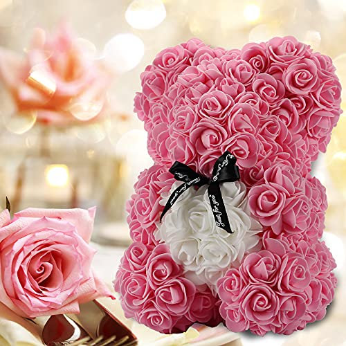 Gifts for Women，Birthday Gifts ，Rose Flower Bear-Hand Made Rose Teddy Bear,Best Artificial Decoration Gifts for mom, Gifts for Girls,Unique Gifts,The Perfect Party Clear Gift Box (Pink)