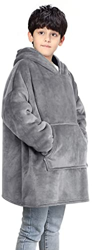 Uplayteck Oversized Hoodie Blanket for Kids, Wearable Blanket Super Soft Warm Comfy with Giant Hoody Plush Fleece One Size Cosy Hoody Jumper Fit for Kids Boys Girls Teens Indoor Outdoor Grey