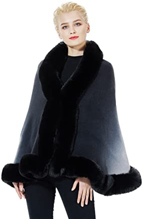 BEAUTELICATE Donna Poncho Mantella Maglia Invernale Stola Scialle in Pelliccia Sintetica Coprispalle Bolero Elegante per Sposa Matrimonio Festa (Nero sfumato, Taglia Unica)