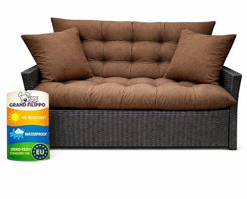 Filippo Sitzauflagen Gartenmöbel 100 x 50 x 60 cm Braun - Kissen Hollywoodschaukel mit Zwei Gartenkissen 45x45 cm - Beständig Gegen Schimmel – Handgefertigt Polster mit Befestigungsschnüre