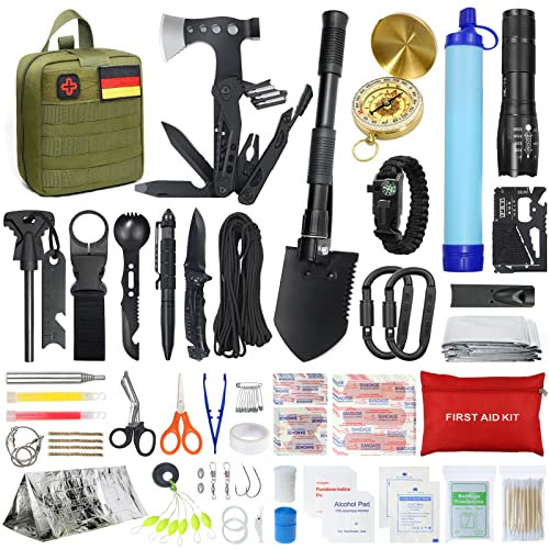 Kit de supervivencia para camping/aventura con botiquín de primeros auxilios, 180 piezas, con filtro de agua, pajita, hacha de martillo multifuncional, regalo para hombre, color verde