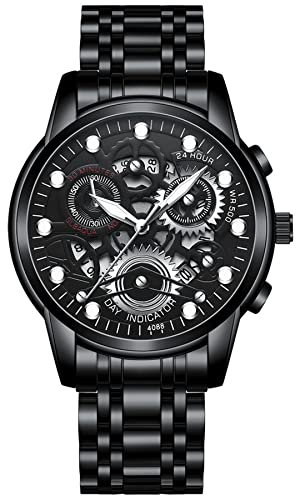 JewelryWe Herrenuhr Quarz Analog Armbanduhr 30M Wasserdicht Schwarz Edelstahl Armband Business Causual Uhr mit Kalender und Leuchtend Zeiger Vatertagsgeschenk