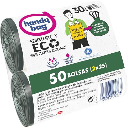 Handy Bag Bolsas de Basura Resistente y Eco 30L, 95% Reciclado, Resistentes, 50 Bolsas