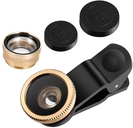 3-in-1-handykameraobjektiv mit 52-mm Universalanschluss | 6s/7/8/x, Aluminiumlegierung und Glas, Goldfarbe, Weitwinkel-, Makro und Fisheye Funktion