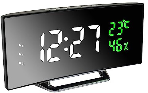 Derkiewn Sveglia Digitale, Grande Schermo a LED da 6.5'', Sveglia da Comodino con temperatura e umidità, Orologio a Specchio con 2 Allarme, luminosità regolabile, Snooze, Alimentato USB(bianco 01)