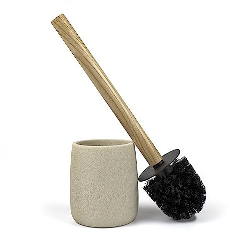 Nadi Collection | Escobilla de baño-WC-Inodoro | Forest | Resina y Madera bambú | Cepillo Negro Desmontable | 10.5 cm ø x 36 cm Alto (Beige)