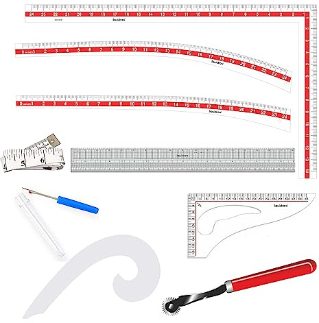 Liquidraw 9-Piece Sewing & Dressmaking Set | L-Scale & Leg Curve Rulers, Hip, Art & Armhole Curves, Tracing Wheel, Seam Ripper, Grading Ruler & Measuring Tape | Professional, Beginner & Hobby Use