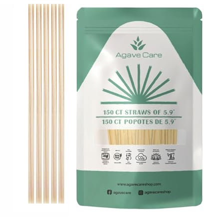 Agave Care - 150 Pack 5.9 Biodegradable Cocktail Unwrapped Straws W/Agave Fibers - Eco-Friendly Drinking Straws Choice for Compostable, Healthy, Safe & Reusable Cocktail Sipping Experience - Natural