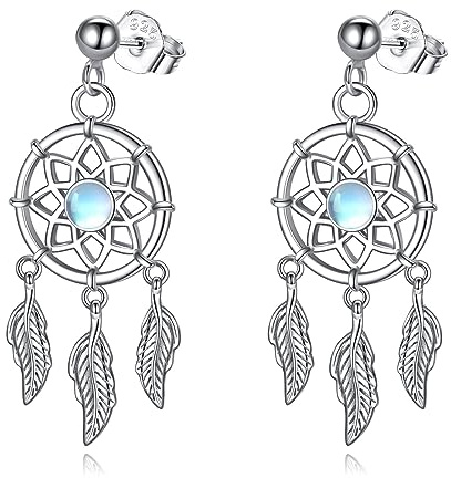 VONALA Traumfänger-Ohrringe für Frauen und Mädchen Sterlingsilber Feder-Mondstein baumelnde Ohrringe Traumfänger baumelnde Ohrringe, Schmuck Geschenk für Frauen Teenager Mädchen