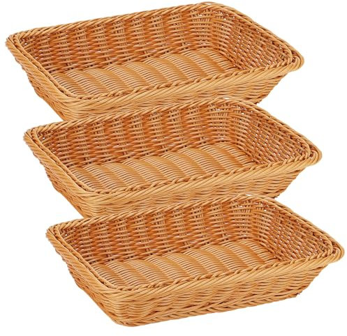ZEONHAK 3 Pack 30 x 20 x 7cm Imitation Wicker Woven Bread Baskets, 11.8 x 8 x 2.75 Inch Brown Rectangular Poly Food Storage Baskets for Kitchen