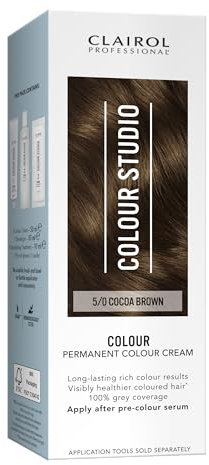 Clairol Colour Studio Permanent Colour Cream | Hair Dye | Long-lasting Rich Tones | 100% Grey Coverage | Dermatologically Tested Vegan Formula | Hair Colouring Kit | Cocoa Brown 5/0 | 50ML