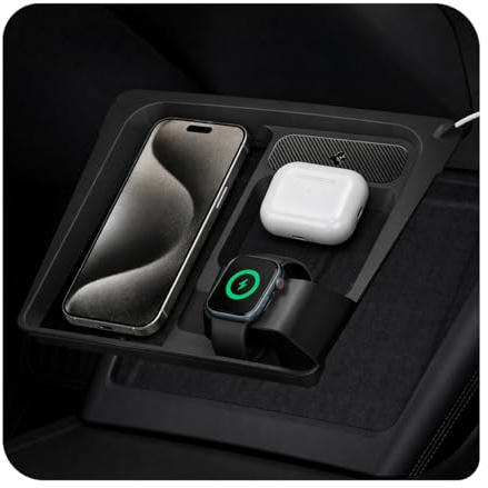 Spigen Tesla Model 3 Highland 2024/25/26 3-in-1 Wireless Charging Hub Mount Station Organiser, Easy Cable Management, Designed for Tesla Model 3 Accessories - Black