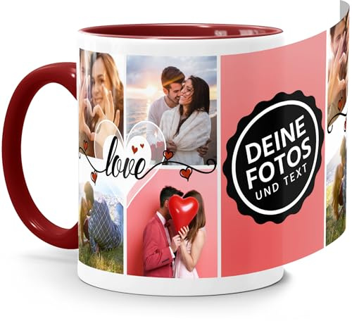 SpecialMe® Tasse mit Foto-Collage Liebe Love personalisiert mit bis zu 9 Bildern Fotogeschenk selbst gestalten Weiss-innen-bordeauxrot standard