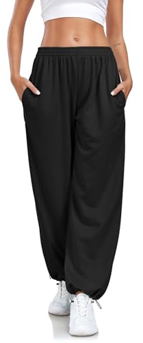 Enwokran Pantalon de Jogging Femme Pantalon de Survêtement Ample avec Poches à Taille Haute élasticité Sudation Réglable Casual Pant Pantalon de Sport D'été à Jambes Larges (Noir, XL)