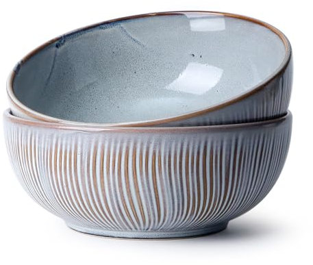 NUTRIUPS Lot de 2 grands bols à salade en céramique grise de 20 cm de diamètre pour soupe, salade, céréales, fruits