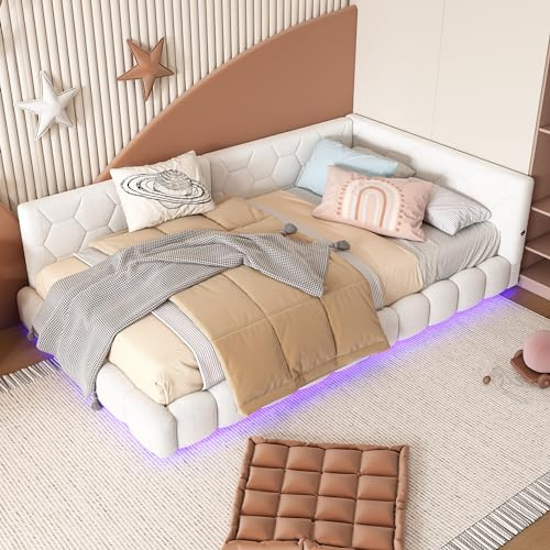 Kayan Polsterbett 90x200 mit LED und USB-Anschluss, Bettgestell mit Lattenrost, Tagesbett Schlafsofa Bett Bettsofa Gästebett Jugendbett Einzelbett, ohne Matratze (Weiß, 90x200cm)