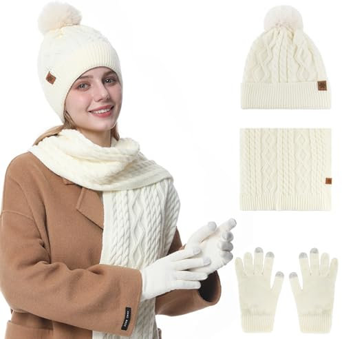 Mütze, Schal & Handschuh-Sets Für Damen 3 In 1, Stricmütze Mit Bommel Damen, Flauschige Und Warme Touchscreen Handschuhe, Strickschal Strickhandschuhe Beanie Wintermütze Wärmer Pudelmütze (Creme)