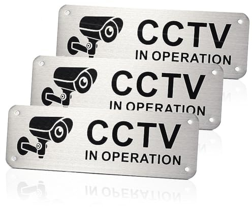Belegao CCTV Sign Pack 3, CCTV in Operation Signs with Self Adhesive Pre-drilled Holes Aluminum Anti-fire Anti-UV Metal Signage Brushed for Security, Camera, Warning Safety(5x15cm/1.9x5.9in)