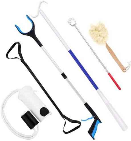 6 PC Hip Replacement Recovery Kit for Elderly and Knee Back Surgery Patients with Grabber, Sock Aid, Leg Lifter, Shoe Puller, Back Scratcher, Bath Sponge, Essential Tools for Recovery After Surgery