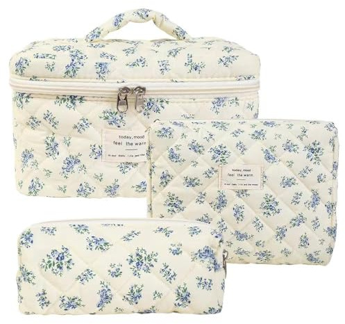 Nocyclonic 3-teiliges Reise Kosmetiktasche Damen Gesteppte Kulturtasche mit Blumenmuster, Kawaii Kulturbeutel Set Groß Kosmetiktasche Aesthetic Make up Beauty Bag Cosmetic Bag für Mädchen (6)