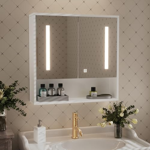 Msutree spiegelschrank Bad mit Beleuchtung, Badezimmerspiegel, 60 x 60 x 15 cm, Wandschrank mit Offenes Fach, Badschrank mit Verstellbare Ablagen, Medizinschrank, Spiegelschrank für Badezimmer weiß