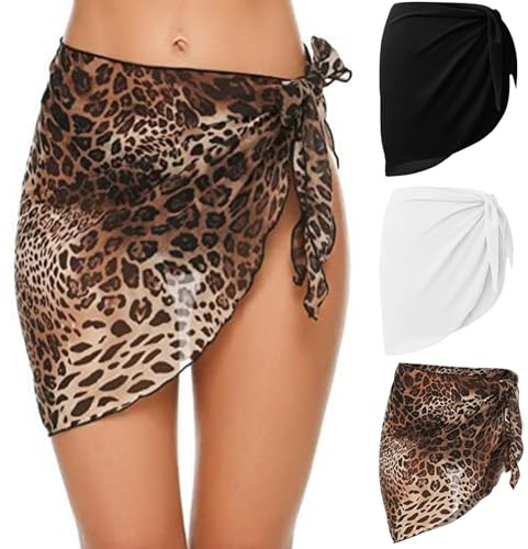 TYXHXTF 3 Pièces Wrap de Plage Femme, Beach Sarong Couverture de Bikini Jupes Wrap pour Maillot de Bain en Mousseline, Beachwear Semi Transparent Été