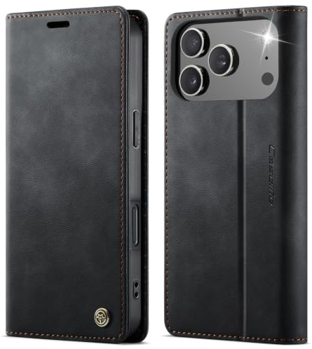 owlhold Handyhülle iPhone 17 Pro hülle klapphülle Premium PU Leder,RFID Schutzhülle,Faltbare Ständer,Handytasche Lederhülle Kartenfach Standfunktion hülle für iPhone 17 Pro - Schwarz