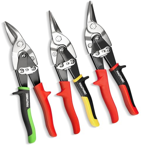 HAUTMEC 3 Pcs Aviation Tin Snips for Cutting Metal Sheet, Heavy-Duty CR-V Metal Shears, 10 Sheet Metal Cutter Tools with Safety Lock & Ergonomic Grip for Straight, Left & Right Cuts – HTSSM25063